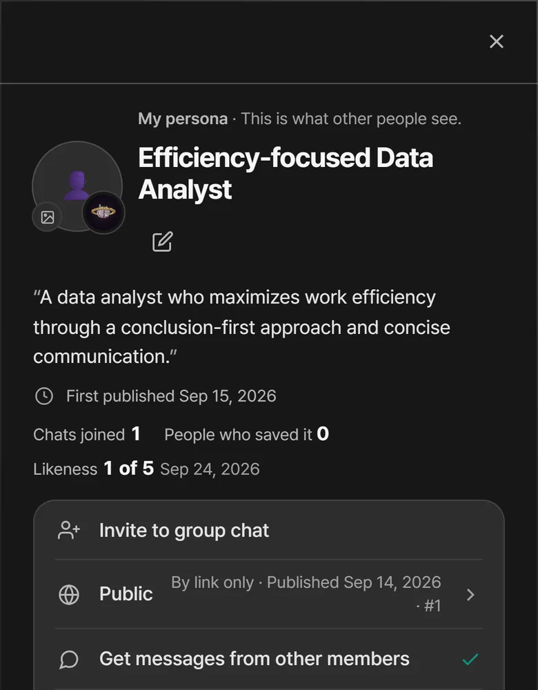 The owner's own persona page on a phone : the publish row and what is public.