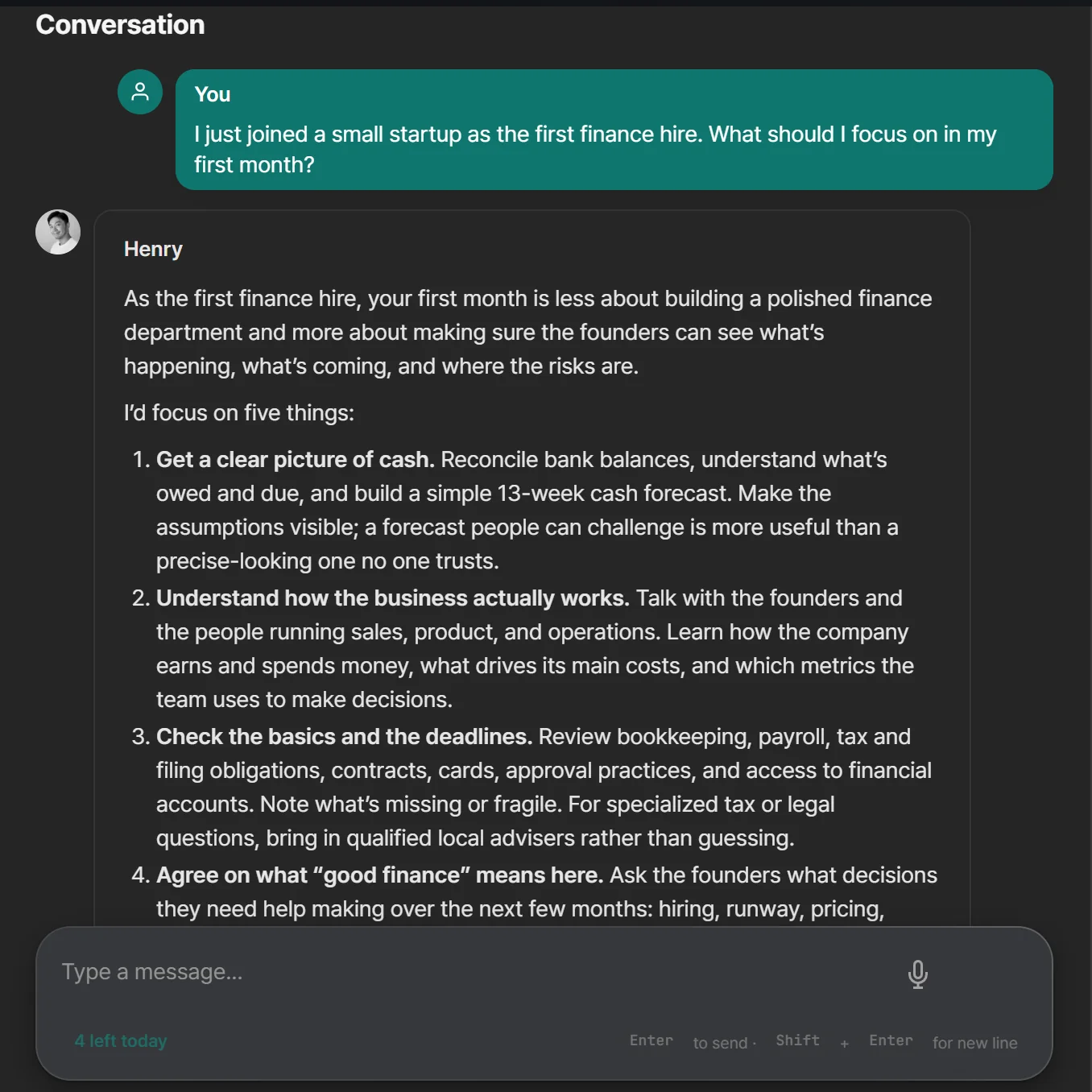 A one-on-one chat with a persona : the question, and its answer from the founder's own experience.